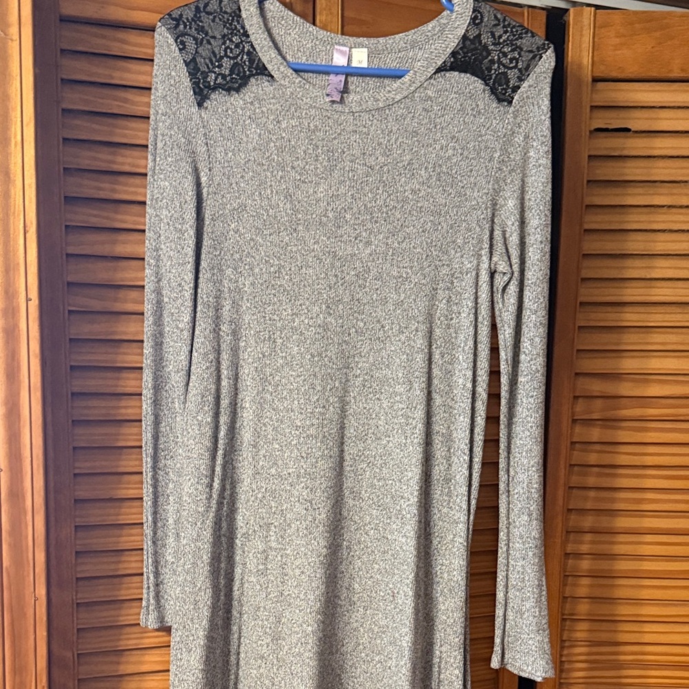 Alya Gray Long Sleeve Dress with Black Lace Accents